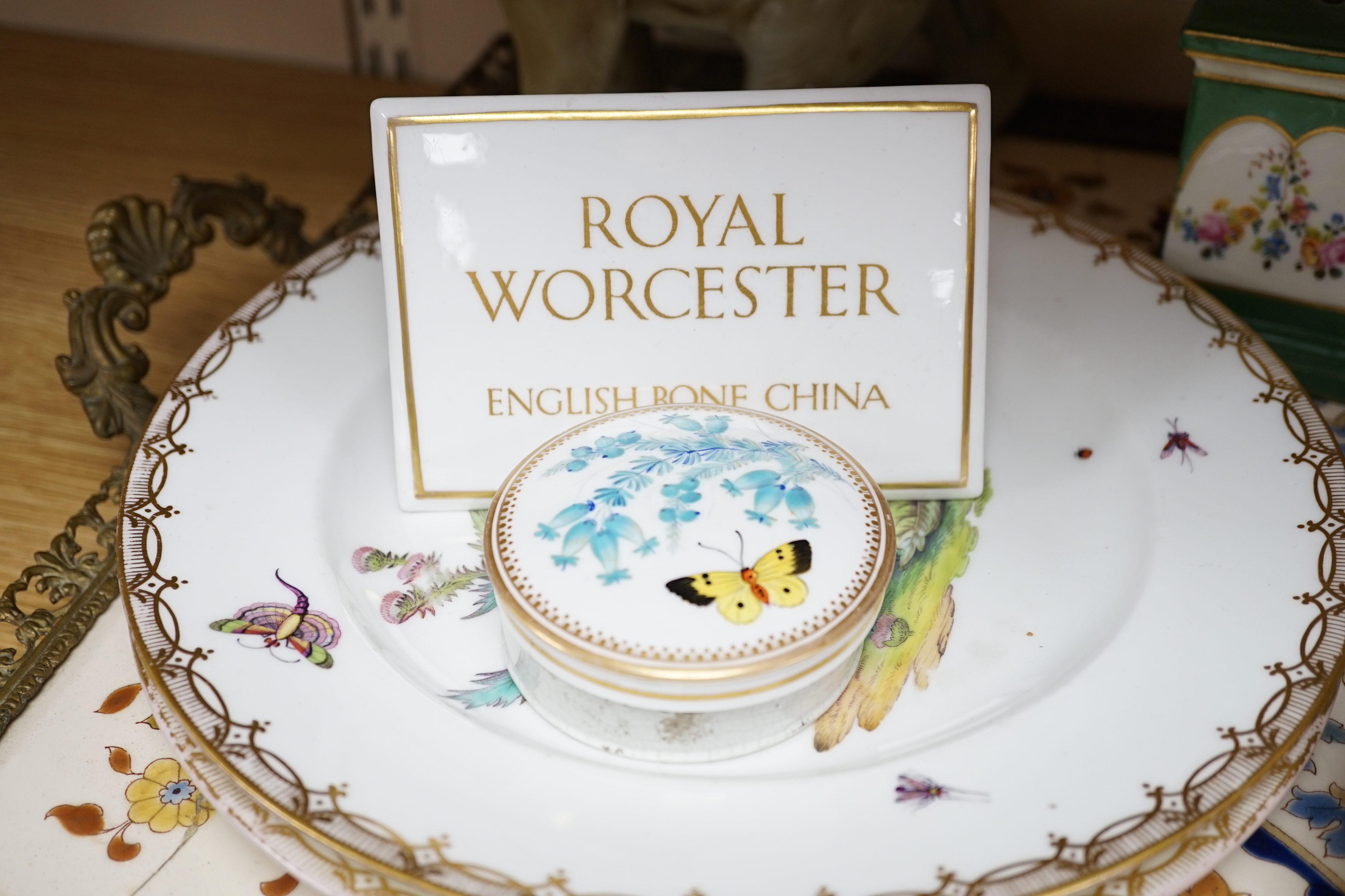 An Austrian Zsolnay type tray together with mixed English and Continental china including Royal Worcester vase, KPM figures and Moore centrepiece, largest 63cm wide